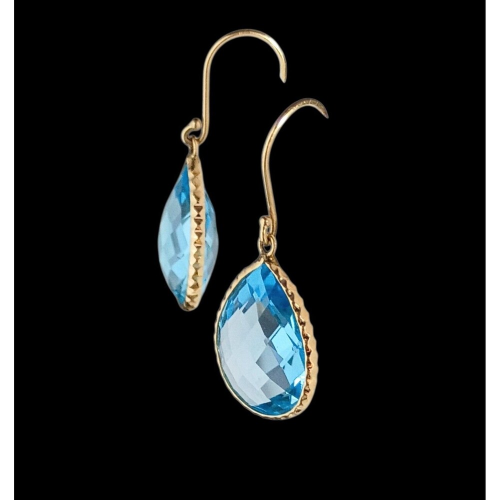 14K Yellow Gold Swiss Blue Topaz Drop Dangle French Wire Earrings - Picture 12 of 12